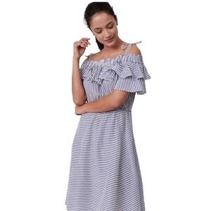 Ann Taylor Loft Meadow Dress Off Shoulder‎ Ruffle Small Blue White Stripe Summer